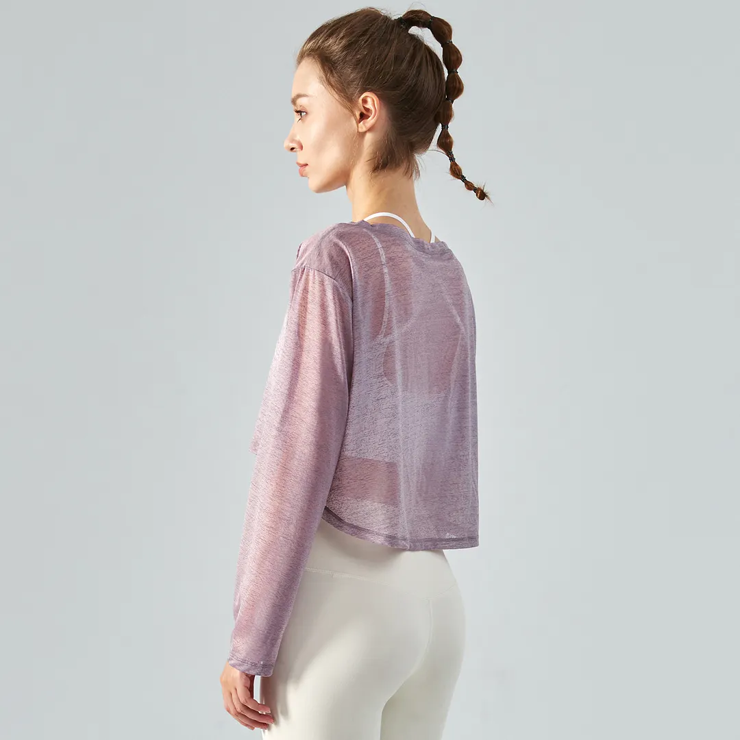 Buy Hergymclothing Pearl Gray women's polyester long sleeve breathable thin lightweight loose workout crop top for summer online