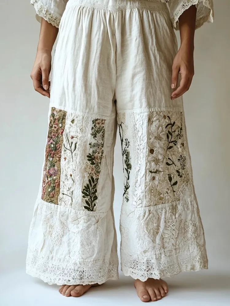 Lunivibe Bohemian Floral Lace Patchwork Embroidered Women's Linen Pants