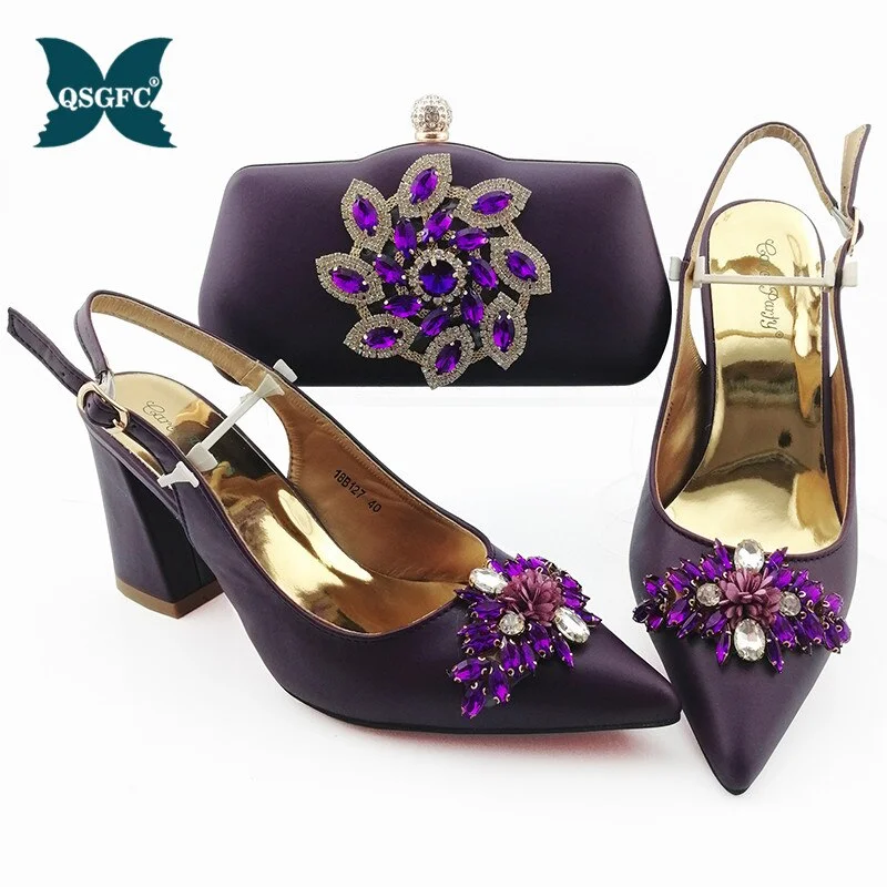 Italian Design New Arrival Nigerian Crystal and Appliques Decoration Style Women Shoes and Bag Set in Purple Color for Party