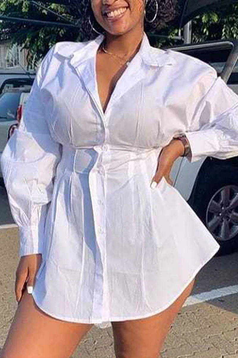 White Casual Solid Square Collar Shirt Dress Dresses