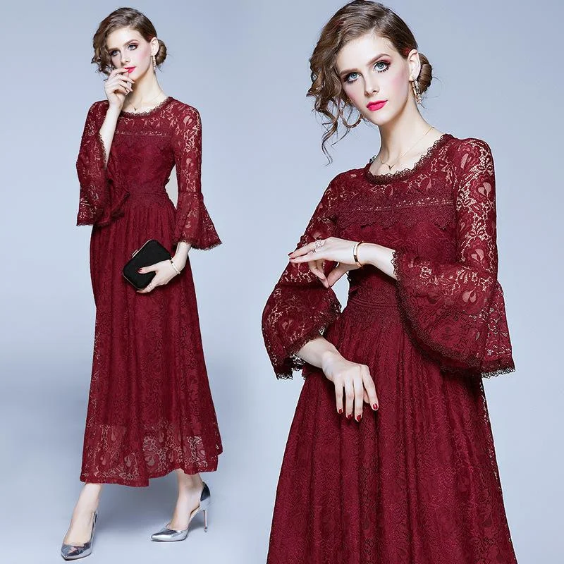 Temperament lace long sleeve long dress