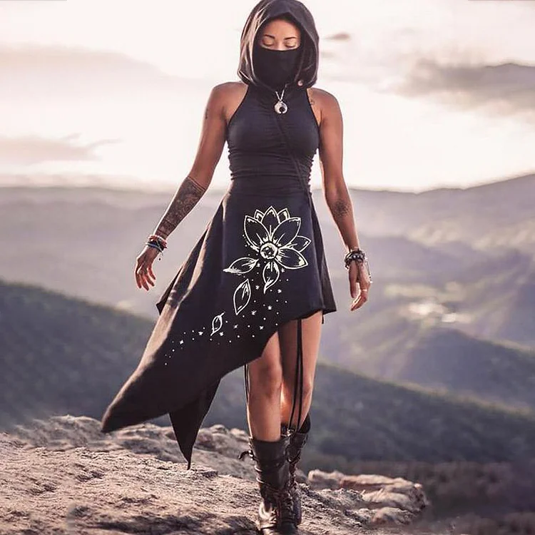 Vintage Sleeveless Lotus Irregular Hem Hooded Midi Dress