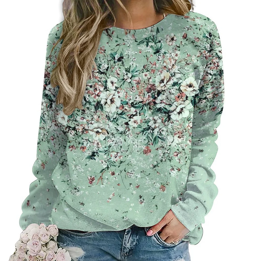 Printed Long Sleeve Casual Sweatshirt for  Women and Men Unisex Pattern Floral, Green, White
