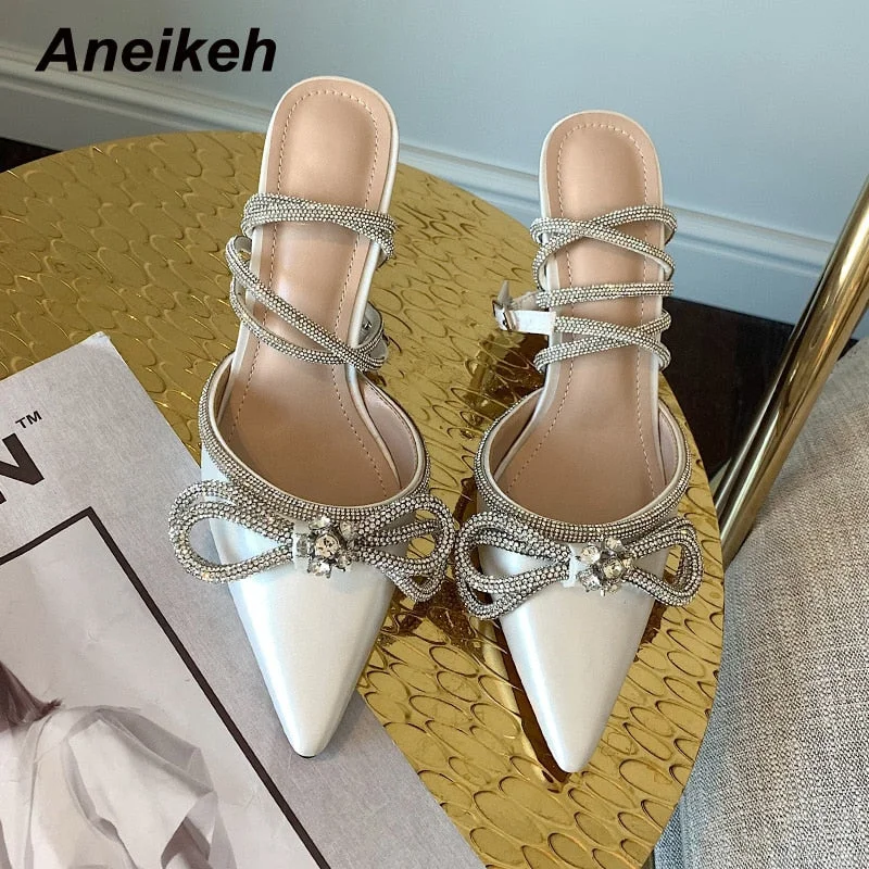 Aneikeh Spring 2022 Sapatos Das Mulheres Pumps Stiletto Heel Slingbacks Pointed Toe Polka Dot Butterfly-Knot Apricot Size 35-39