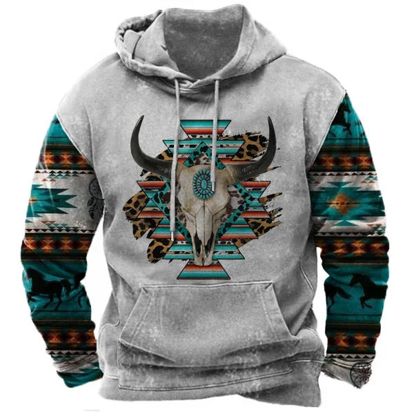 Men's Vintage Western Ethnic Split Print Hoodie Top