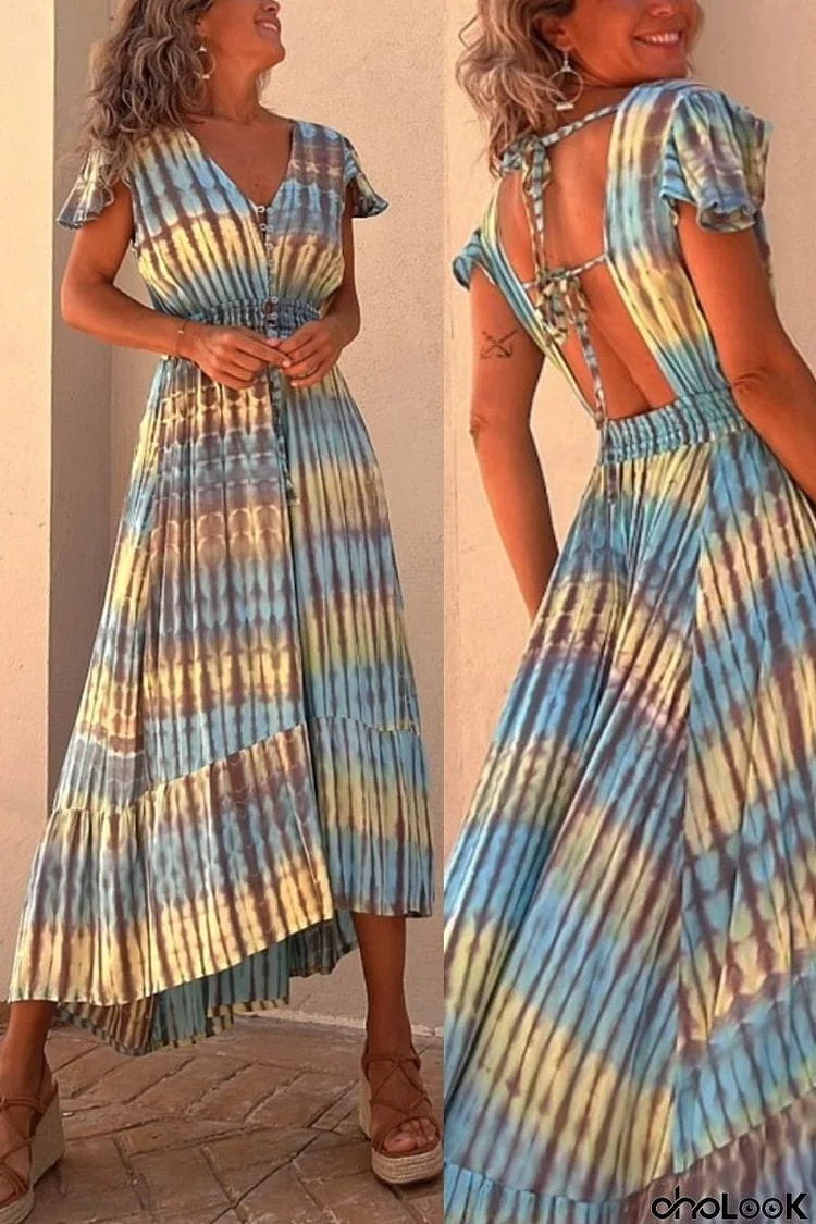 Lorina Tie-dye Print Button Smocked Waist Backless Midi Dress