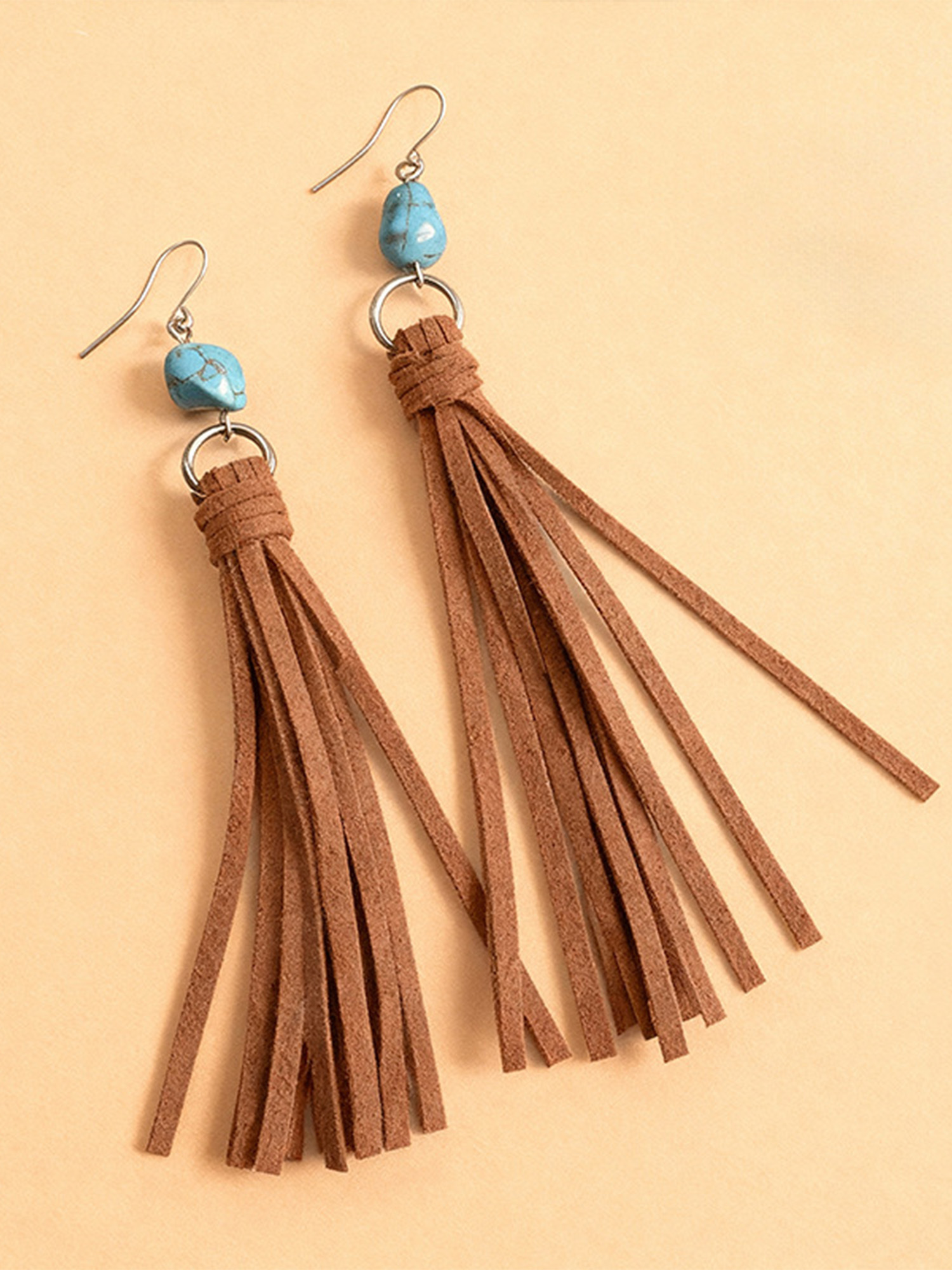 Ideal for Music Festivals or Ranch Shoots &mdash; Turquoise Raw Stone & Handmade Extra Long Suede Fringe Retro Metallic Ring Detail Boho Chic Dangle Earrings