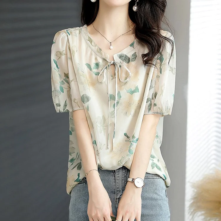 Flower Chiffon Shift Floral Short Sleeve Shirts & Tops QueenFunky