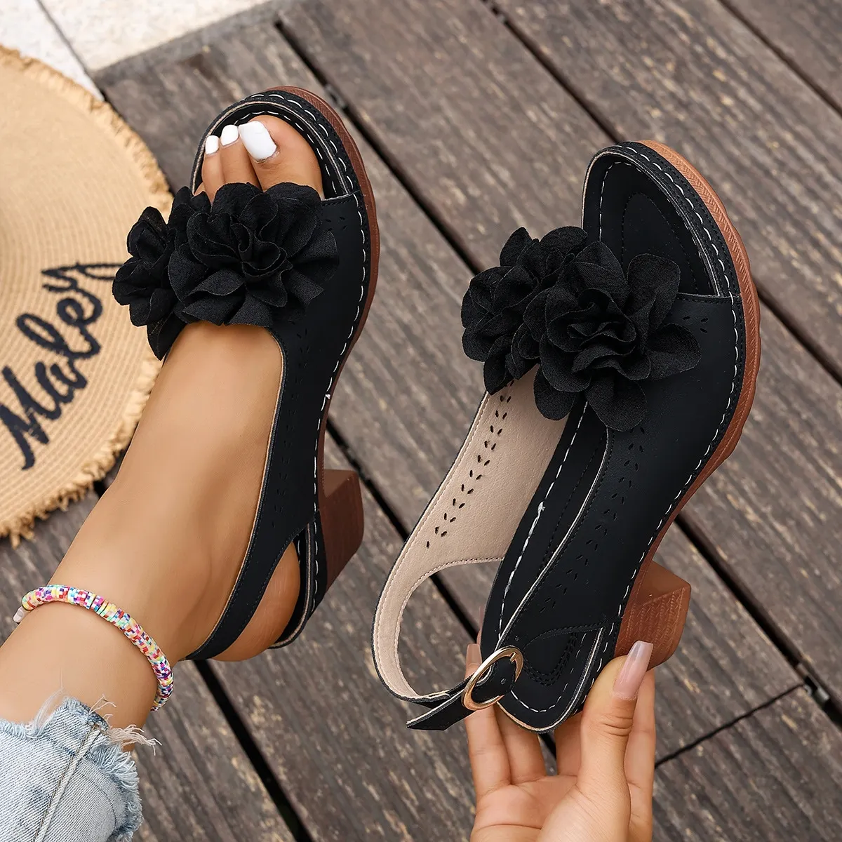 Comstylish Boho Pearl Lace Flat Sandals