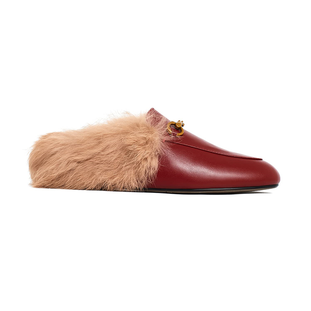Wine Rabbit Fur Flats Mules Shoes-vocosishoes