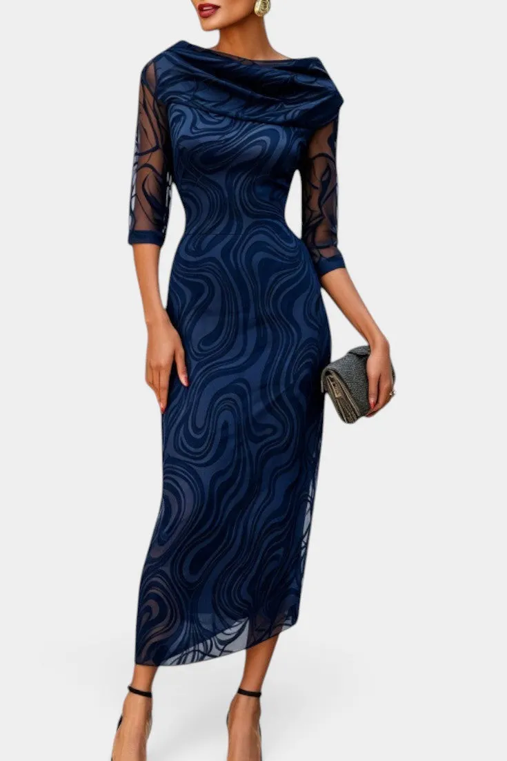 Draped Neckline Midi Dress with Sheer Sleeves