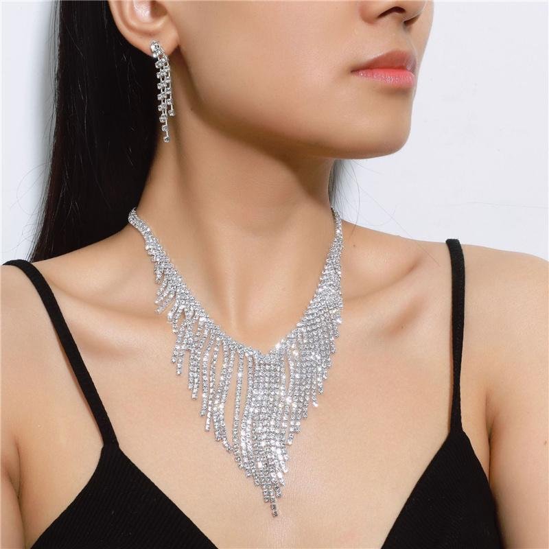 Full Rhinestone Long Tassel Geometric Crystal Jewelry Set
