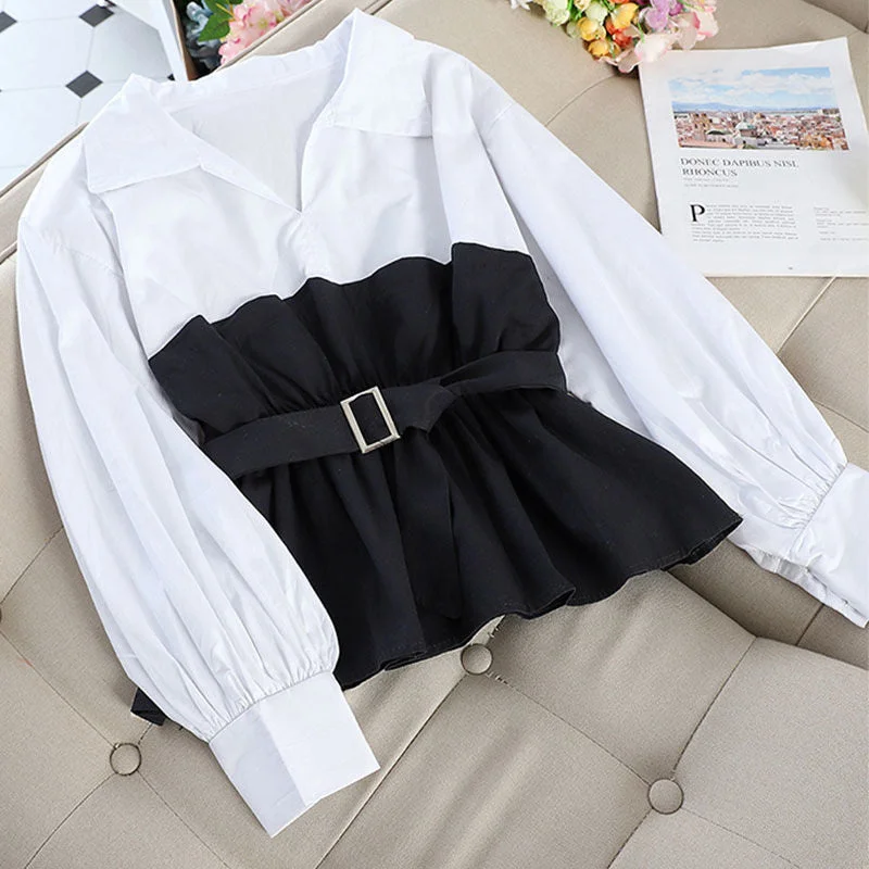 White Collar Shirt Ruffles Casual Blouse Tops Women Long Sleeve Stitching Tunics V Neck Ladies Clothes With Belted 2021 Fashion