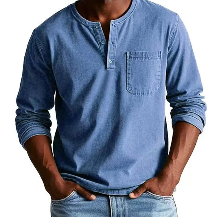 Men's Fashion Vintage Distressed Pocket Long-Sleeve Shirt 