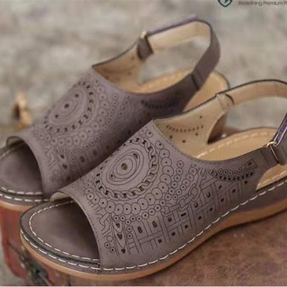 Ethnic Pattern Punched Hollow Velcro Vintage Sandals