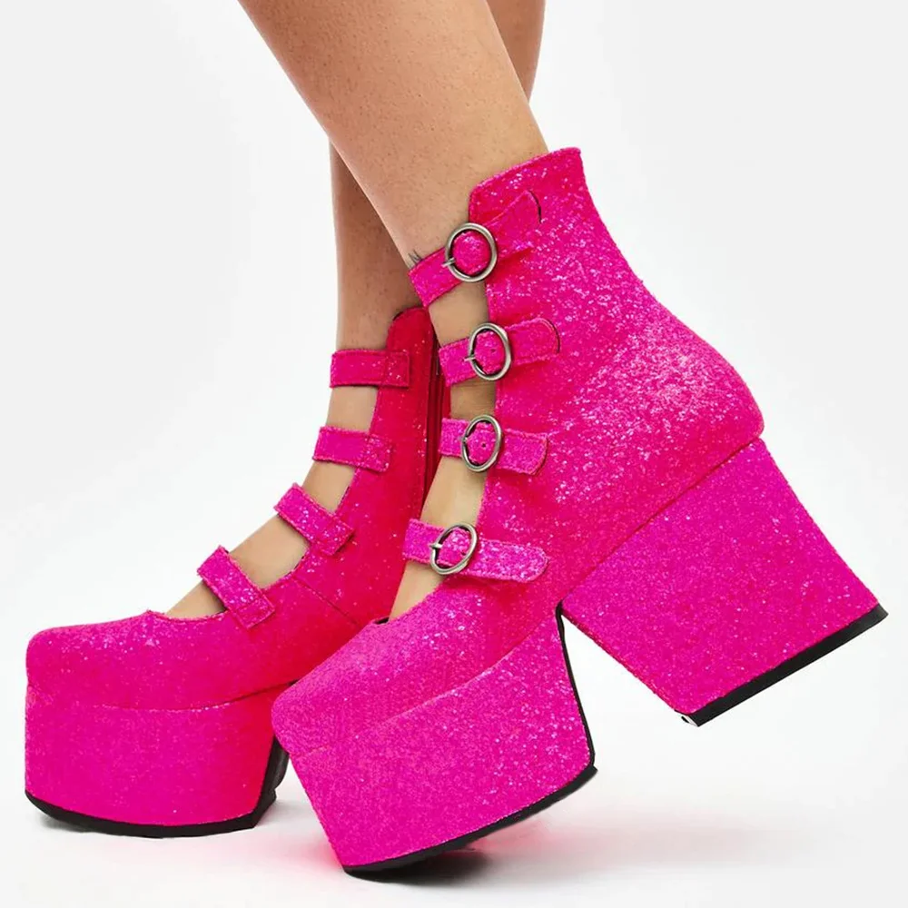 Pink Strap Ankle Boots With Platform Chunky Heel Nicepairs