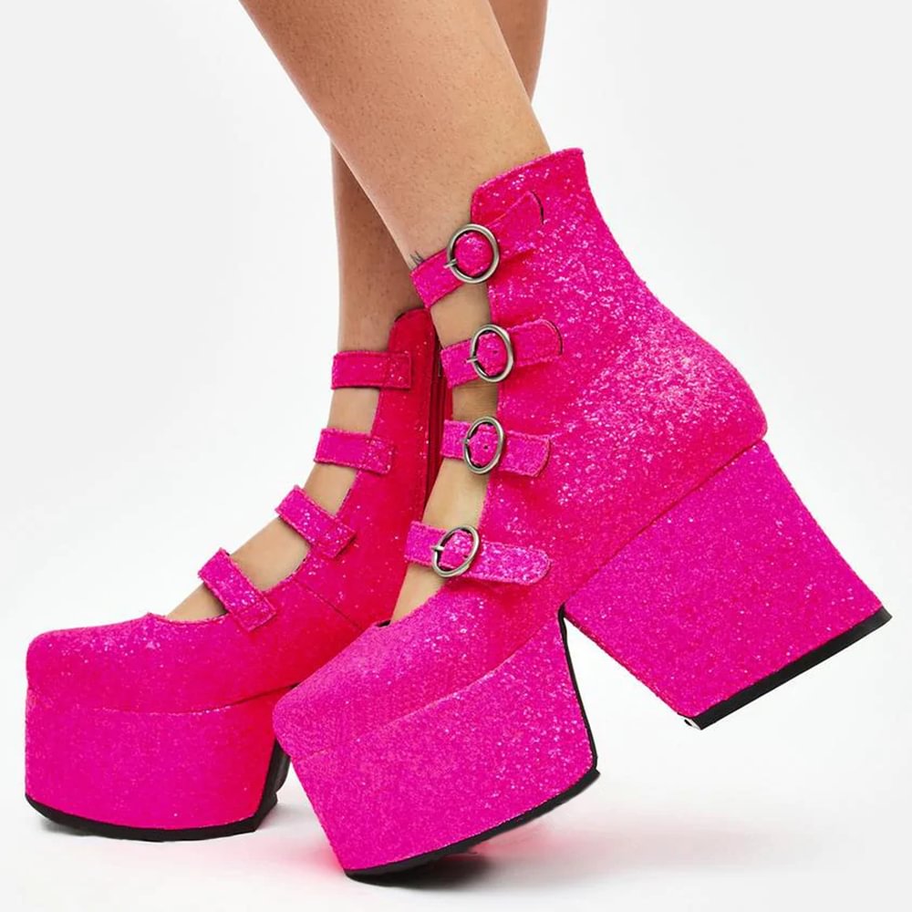 Pink Strap Ankle Boots With Platform Chunky Heel