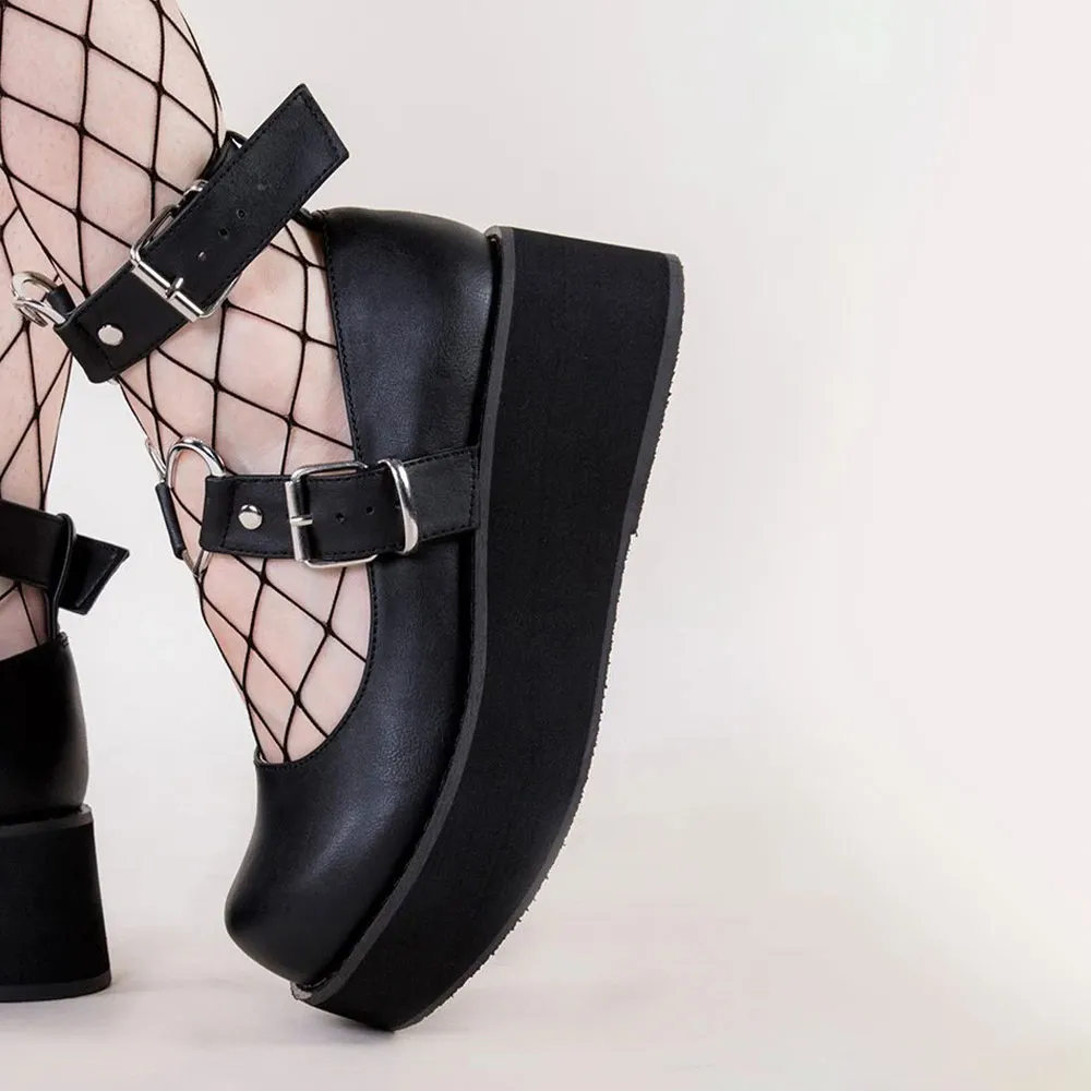 Black Round Toe Wedge Heel Ankle Strap Mary Jane Platform Shoes