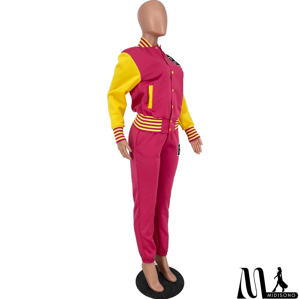 MidiSono - Women Letter Baseball Jacket and Pant Two-Piece Set