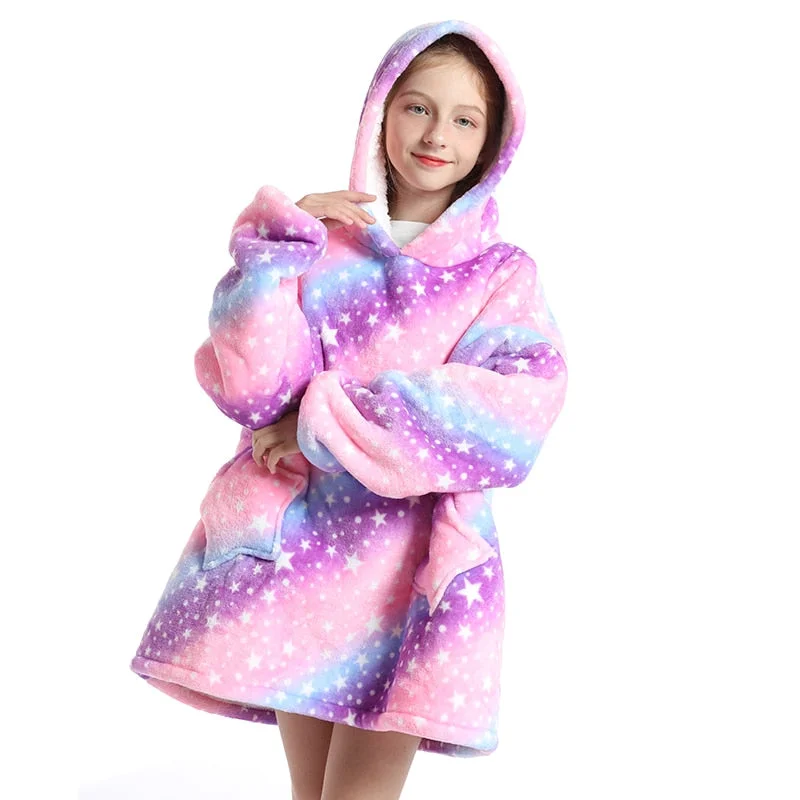 Sherpa Blanket Hoodie Family Oversized Homewear Fleece Warm Thick Girls Sleepwear Cartoon Printed Hoody Sweatshirt TV Blanket