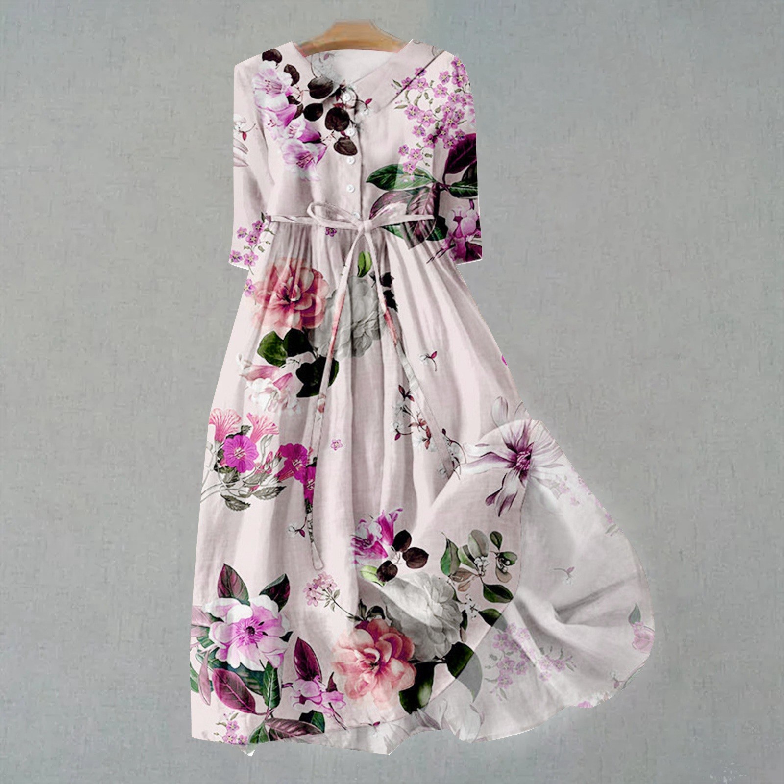 Elegant Dress Women Spring And Summer Floral Print Long Skirt Lapel Button Belt Casual Loose Comfortable Dress Fall Womens Tops