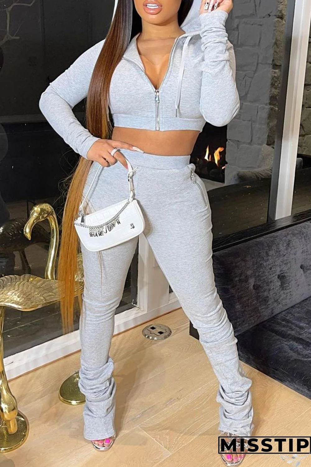 Black Fashion Casual Solid Fold Zipper Hooded Collar Long Sleeve Two Pieces