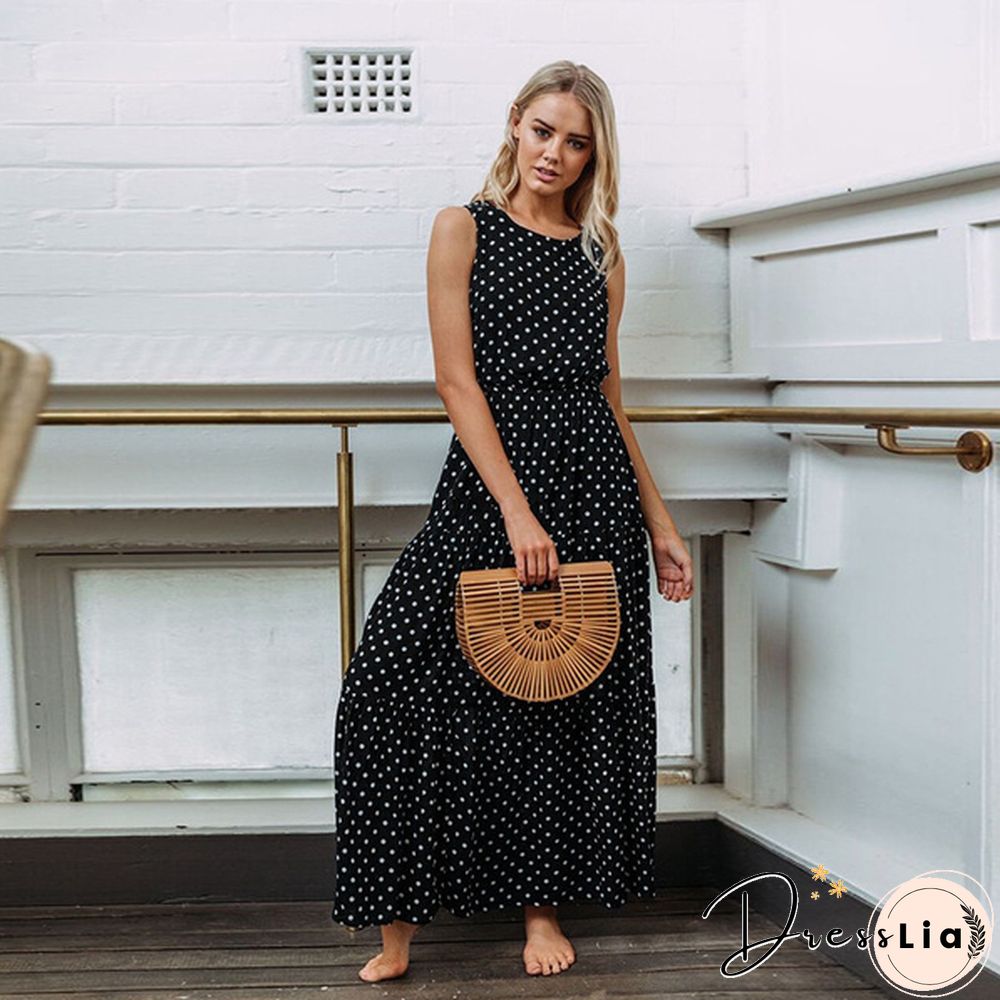 Holiday Summer Women Boho Sleeveless Maxi Polka Dot Dress Casual Beach Long Dress