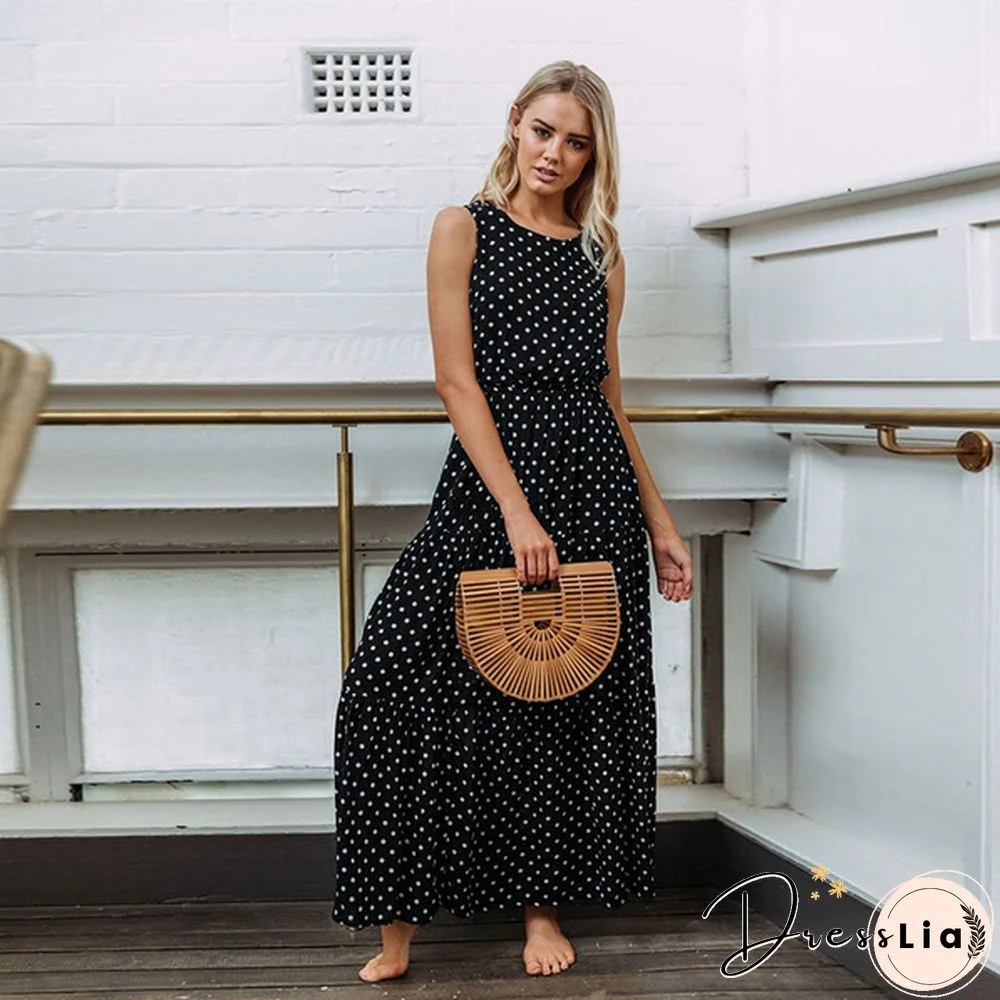 Holiday Summer Women Boho Sleeveless Maxi Polka Dot Dress Casual Beach Long Dress