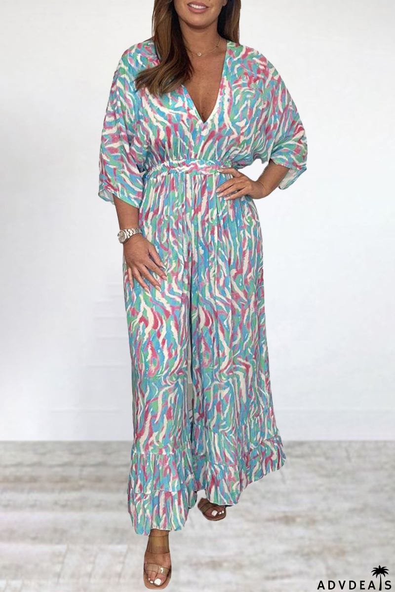 Bohemian College Print Backless V Neck Loose Jumpsuits