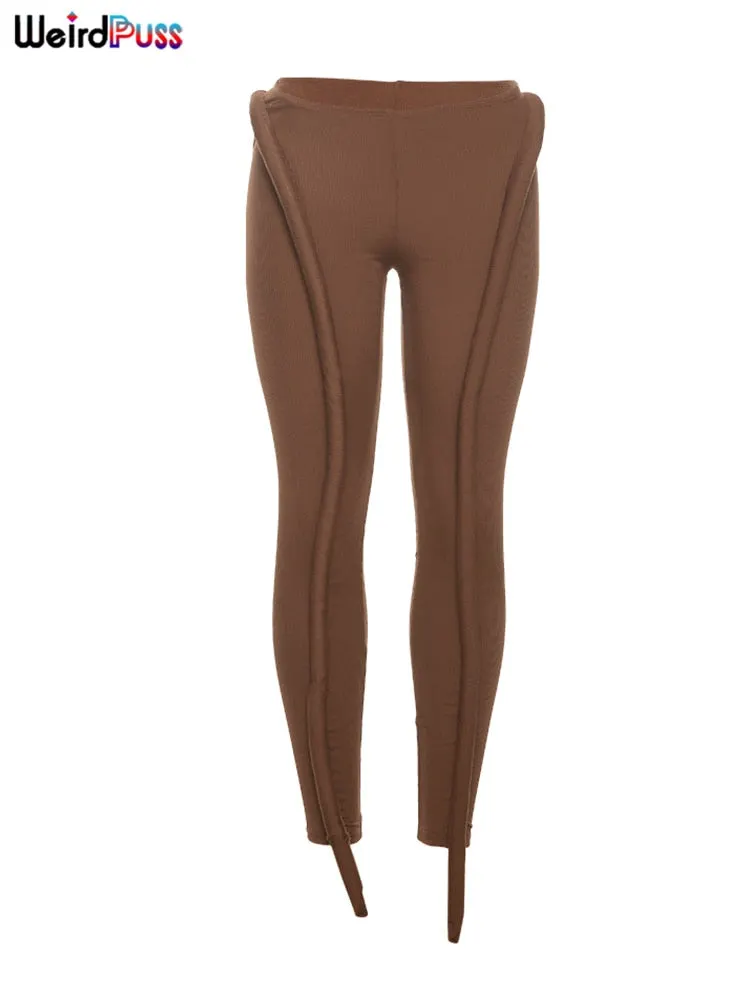 Weird Puss Sexy Women Low Waist Pants Trend Design Fitness Casual Ribbed Skinny Fashion Streetwear Slim Sporty Running Jogger