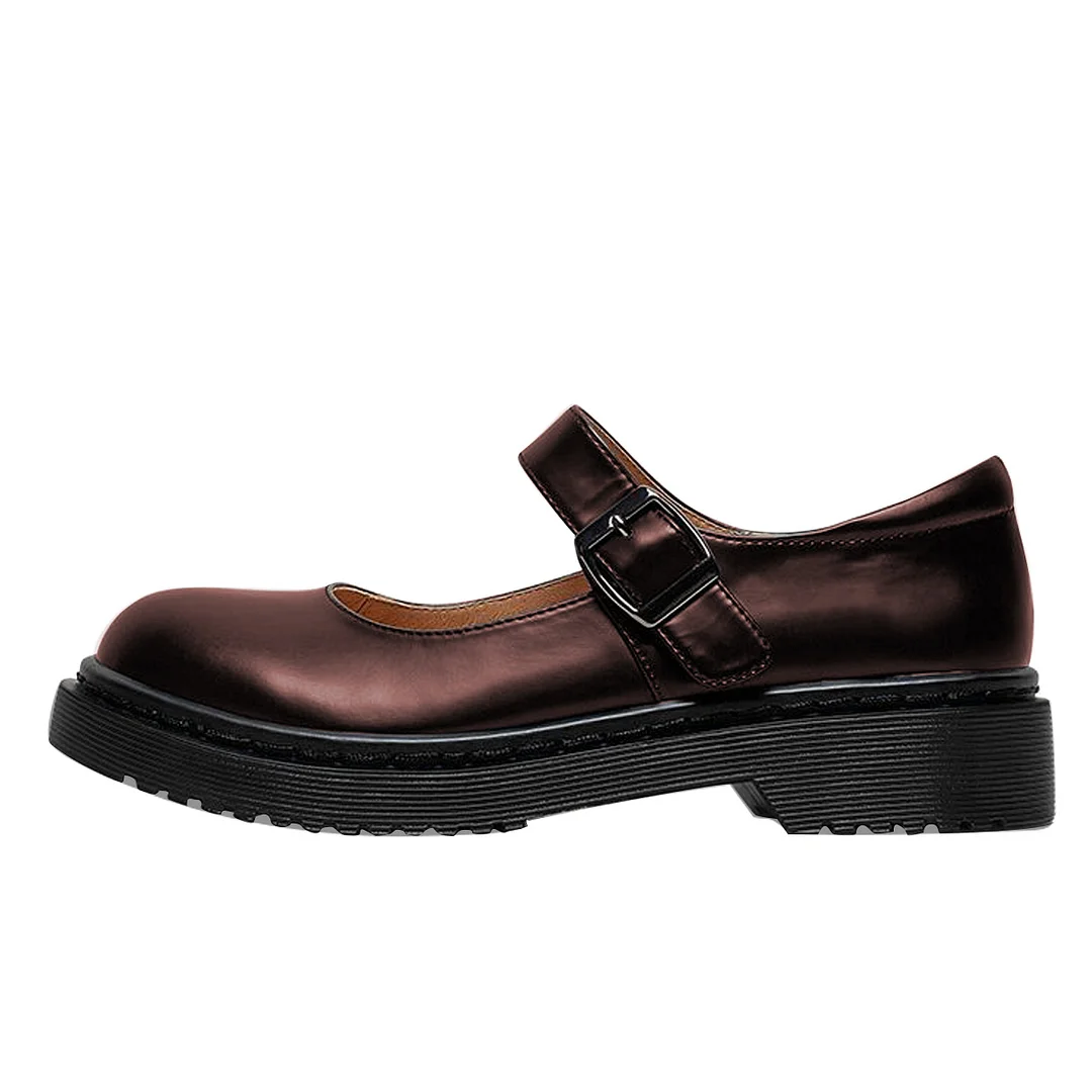 Shiny Vegan Leather Round Toe Comfy Formal Mary Jane Shoes in Brown