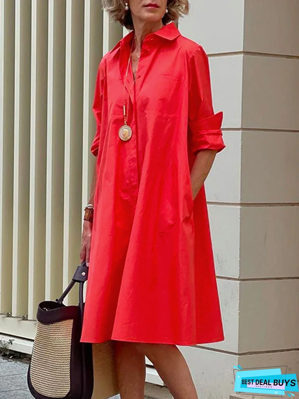 Shirt Dress Long sleeve Plain Simple Dress