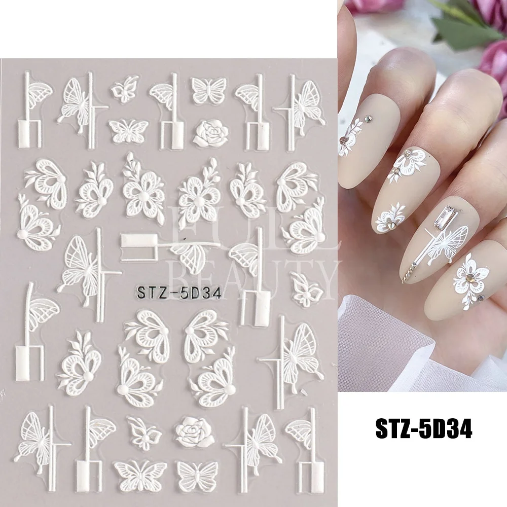 Churchf Nail Stickers Flowers Geometric Lines Decor Acrylic Embossed Sliders Gold Frame Nail Decals Cherry Blossom Manicure GLJI-5D05-Nail Inspo