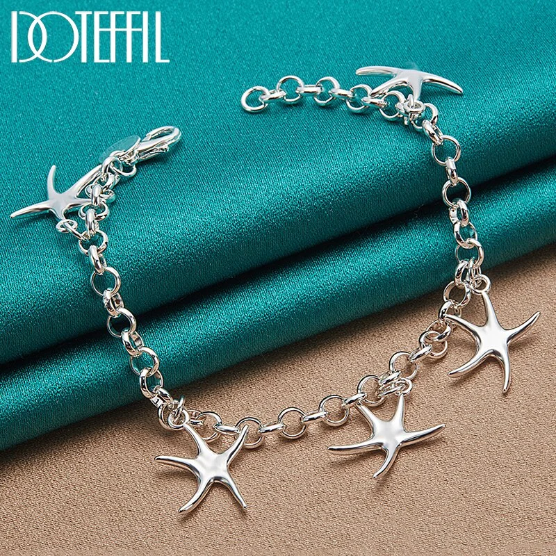 925 Sterling Silver Five Starfish Pendant Bracelet Chain For Woman Jewelry