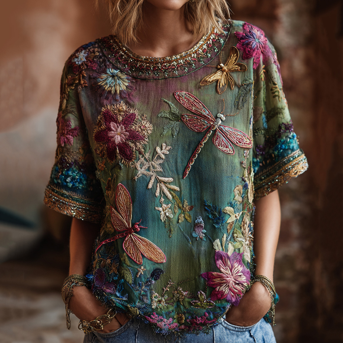 Women's Dragonfly And Floral Art Print Crew Neck Linen Blend Short Sleeve Tops elevenforest