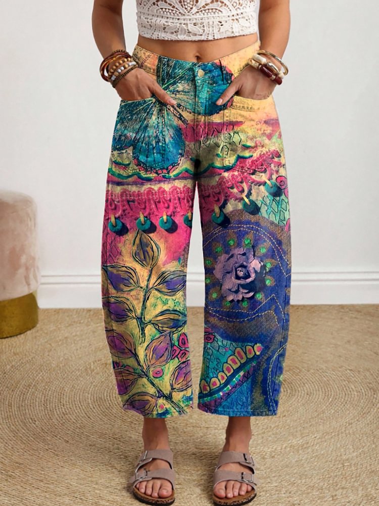 Womens Vintage Ethnic Butterfly Floral Art Print Casual Pocket Cotton Jeans