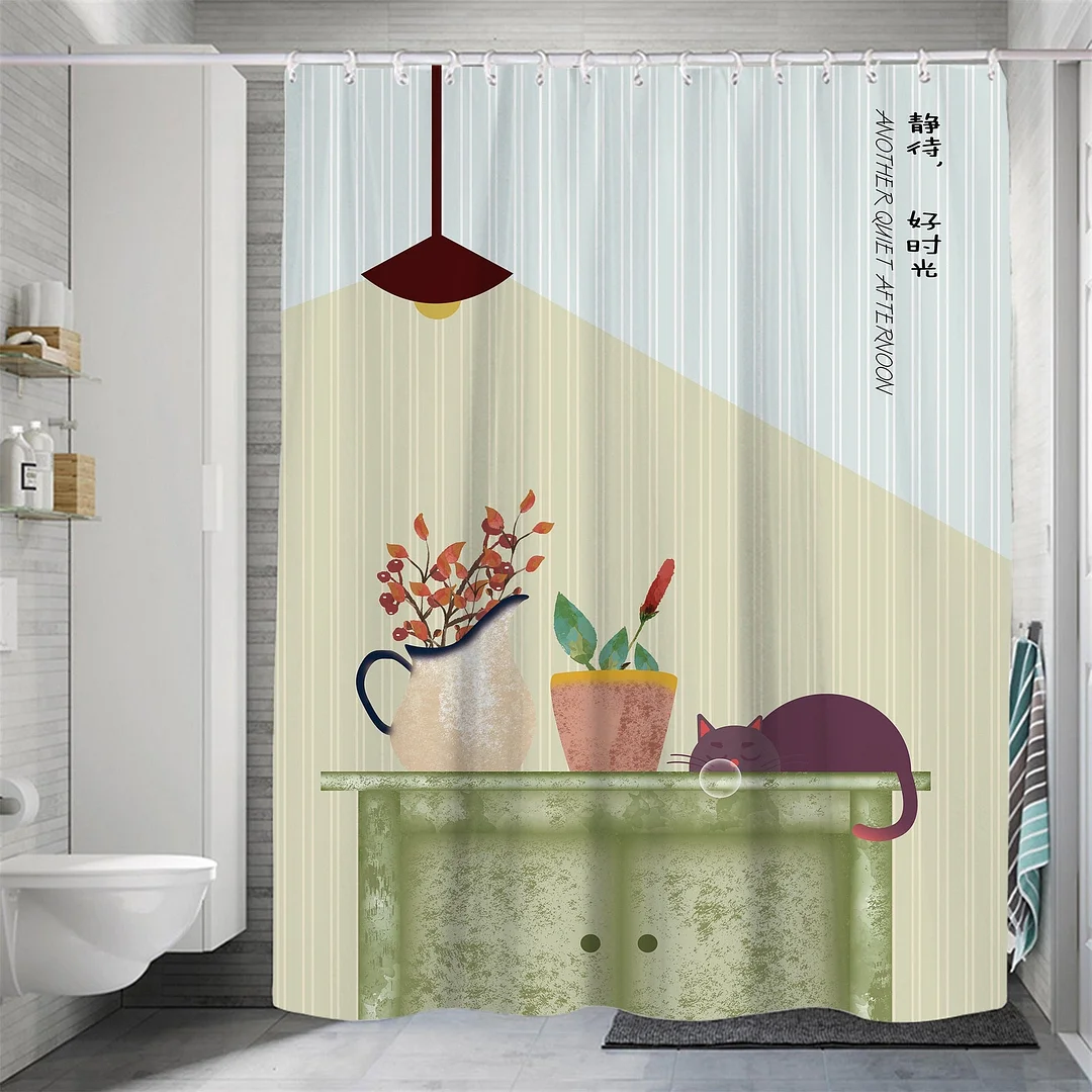 Modern Small Fresh Shower Flower Cat Shower Curtain Polyester Frabic Waterproof Polyester Bathroom Curtain with Hooks Home Decor