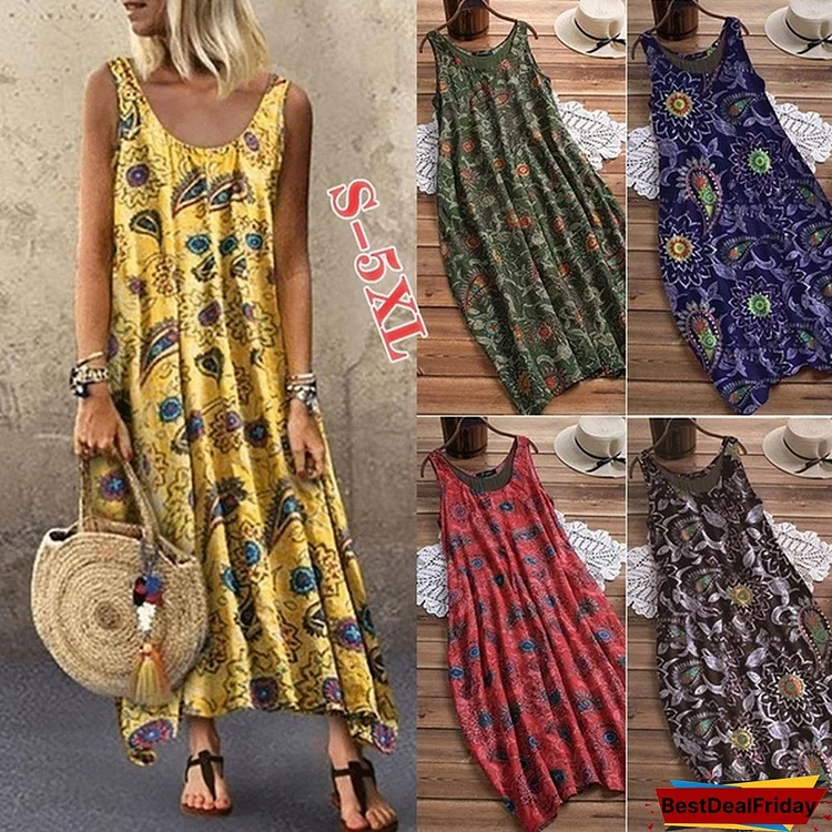 Summer Women Totem Printed Off Sholuder Casual Dresses Round Neck Loose Holiday Beach Long Dresses Plus Size S-5XL