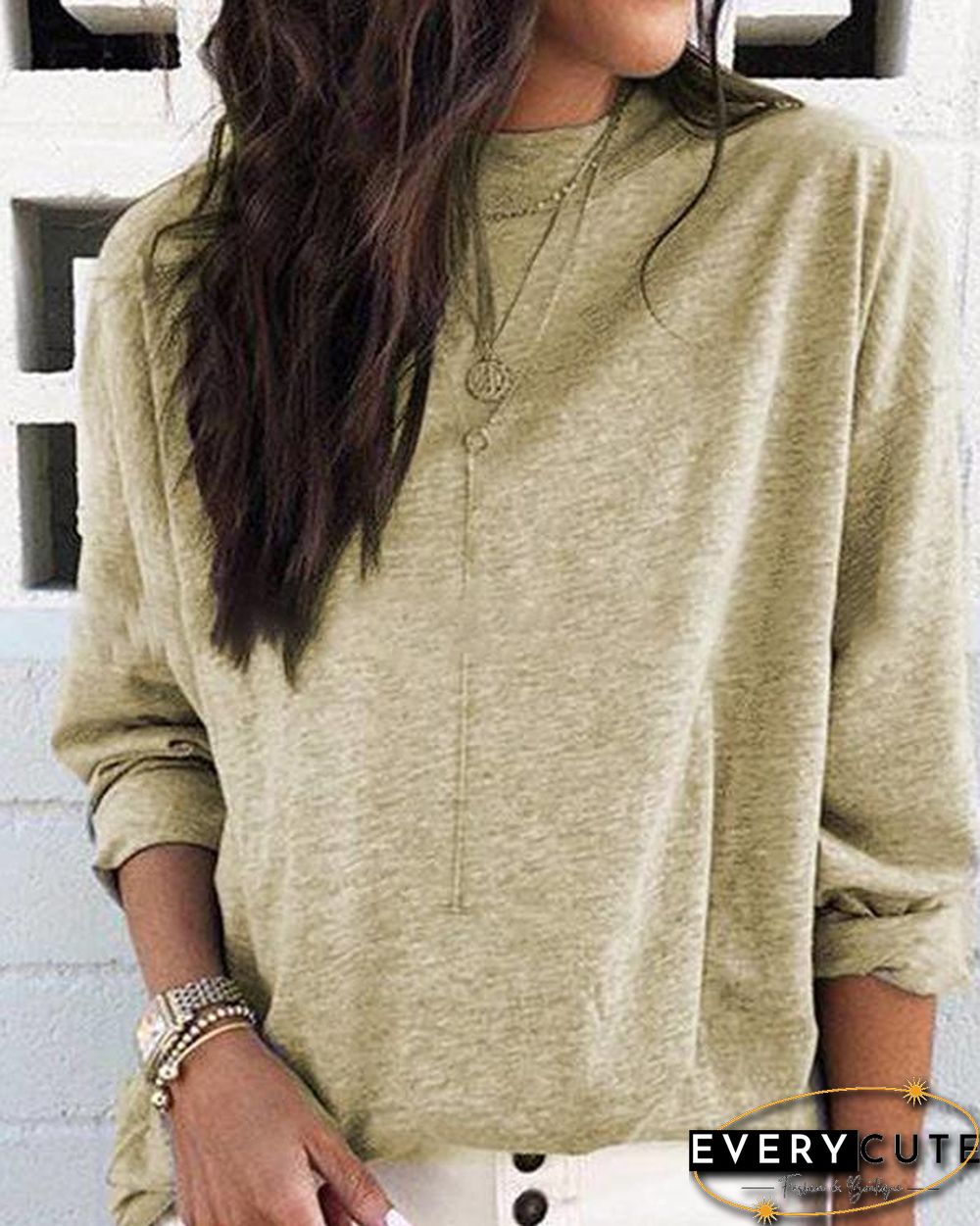 CREW NECK LONG SLEEVE PLAIN COTTON SHIRTS & TOPS