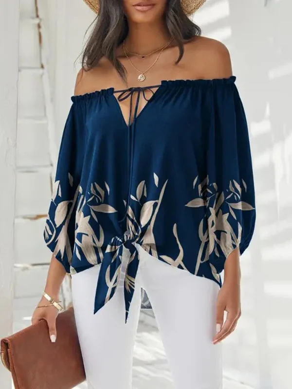 Casual Roomy Long Sleeves Drawstring Floral Stamped Off-The-Shoulder Blouses&Shirts Tops