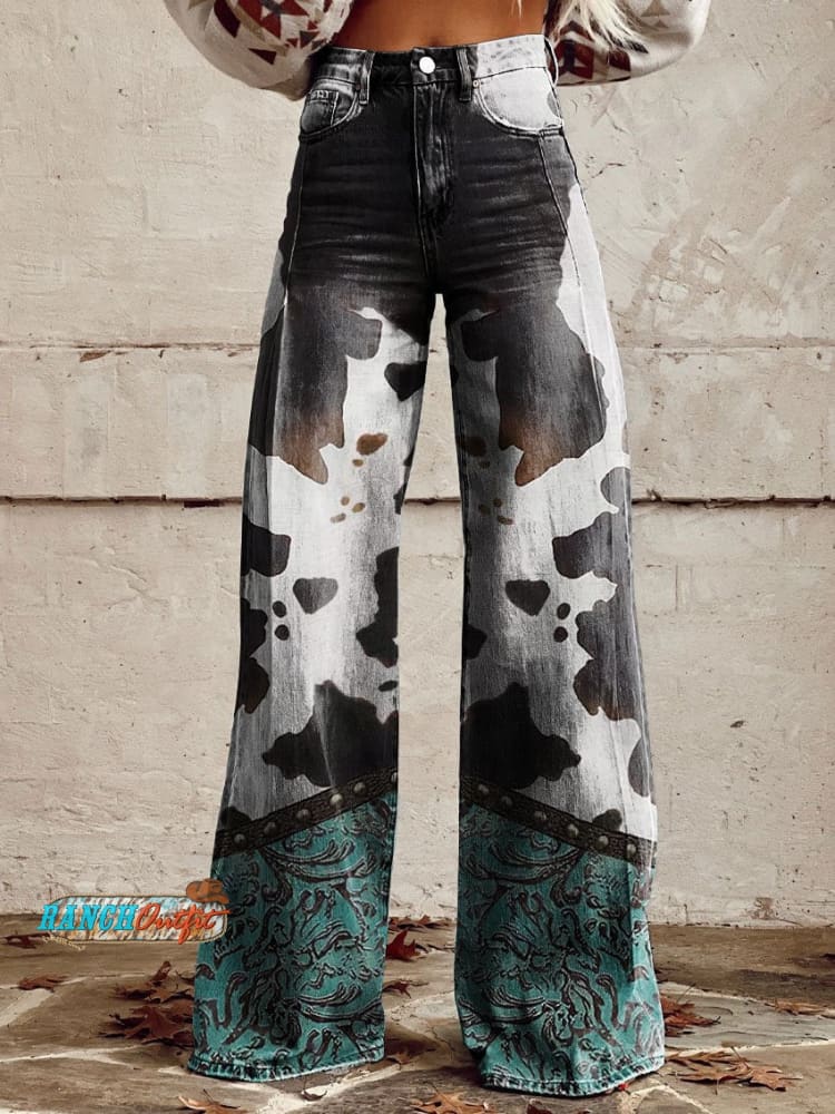 Women’s Vintage Print Casual Wide Leg Pants Multicolor / S