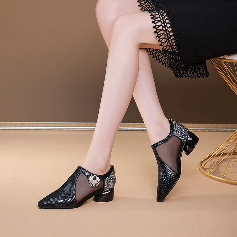 zapatos de mujer zapatos,Sheepskin Shoes Women,Mesh Mid Heels,Sequince Cloth,Pointed toe,Female Footwear,BLUE,GREY,Dropshipping