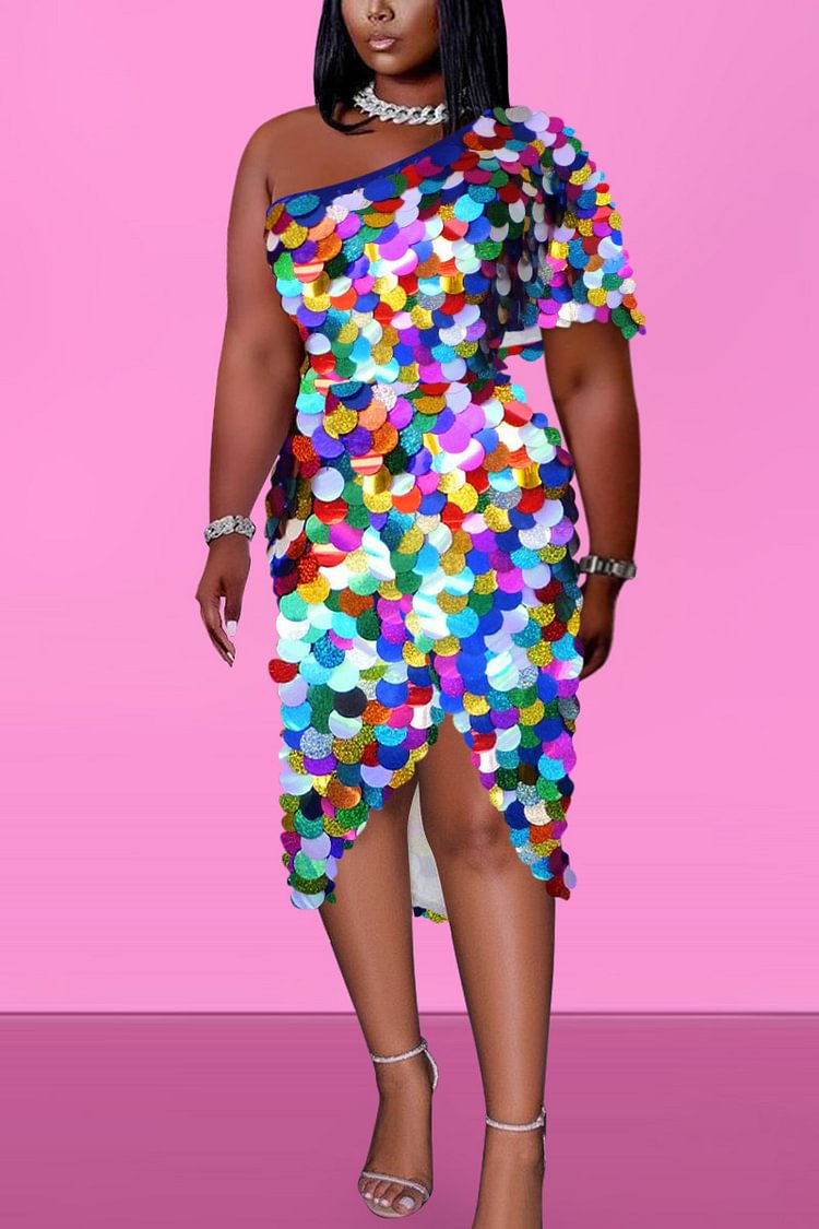 Xpluswear Plus Size Party One Shoulder Sparkly Iridescent Round Sequin Batwing Sleeves Split Bodycon Midi Dress
