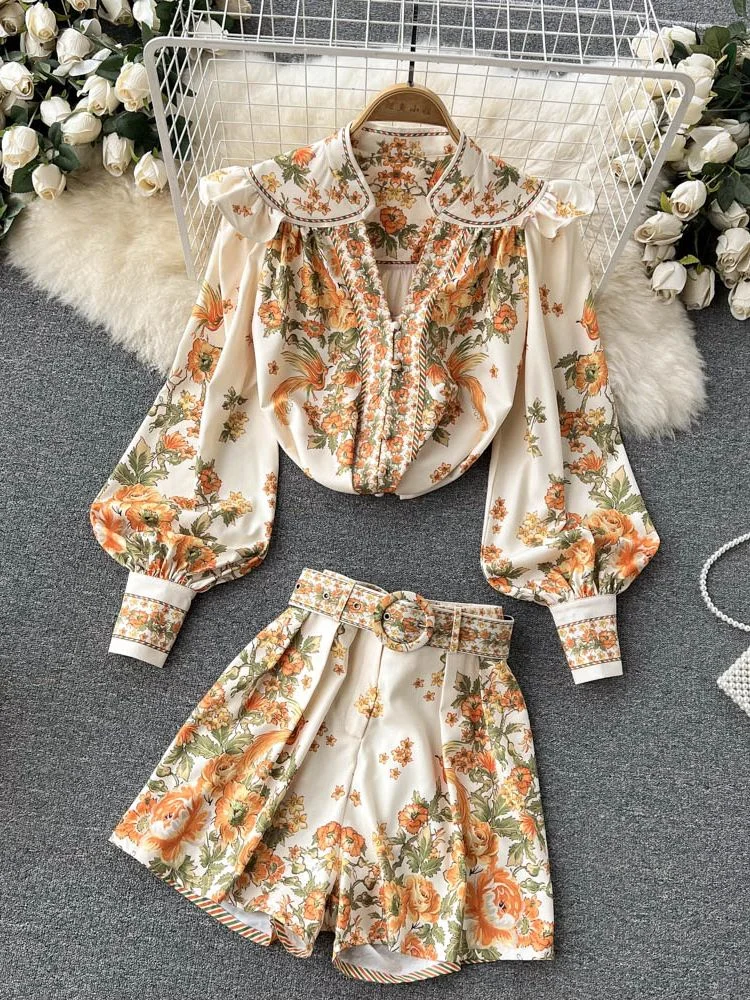 2022 Fashion Spring Runway 2 Piece Sets For Women Turn Down Collar Floral Print Blouse And Shorts Suit Office Lady Outfits T6871