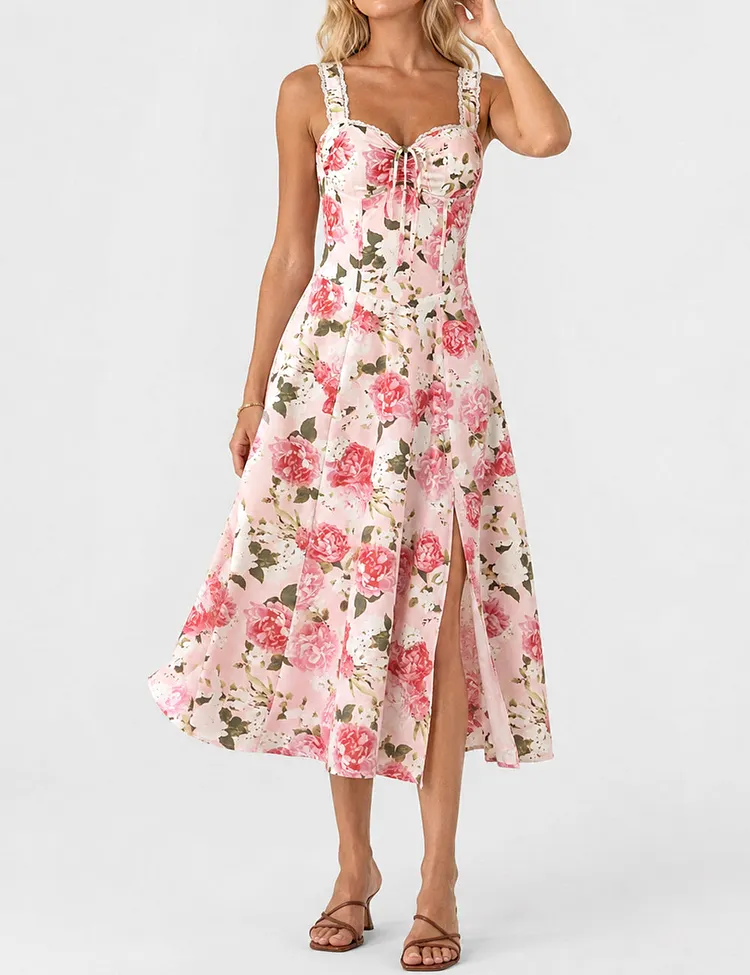 Ladies Elegant Floral Print Sweetheart&nbsp;Neck Midi Dress