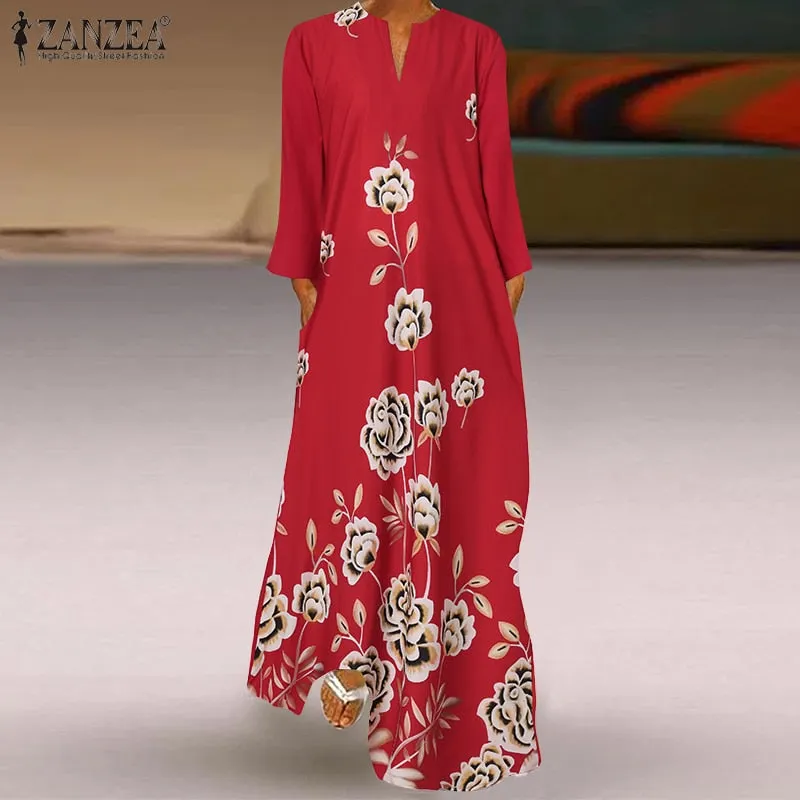 Spring Women's Sundress Bohemian Floral Long Dress ZANZEA 2022 Casual Long Sleeve Party Holiday Vestidos Kaftan Robe Dresses