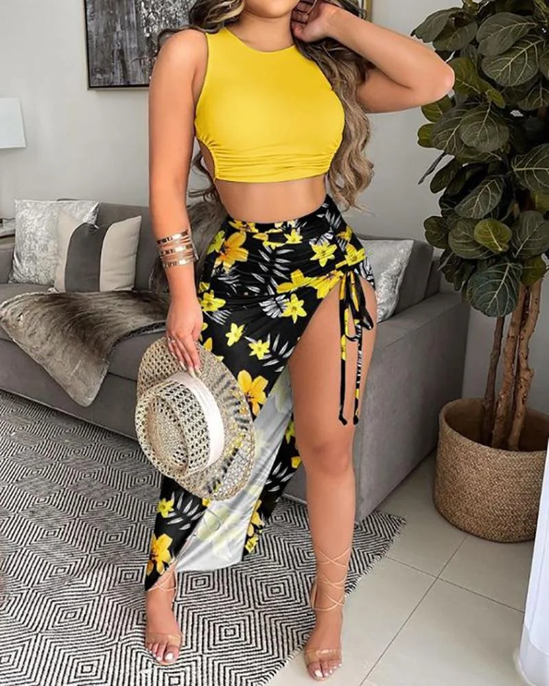 Two Piece Sets Of Drawstring Chic Ruched Solid Color Sleeveless Top & Floral Print High Slit Skirt