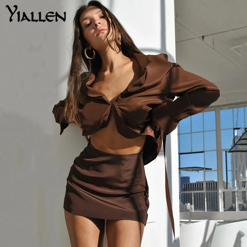 Yiallen Fall Fashion 2021 2 Piece Sets Womens Skirt Birthday Outfits for Women Long Sleeve Turn-down Collar Top and Skirts