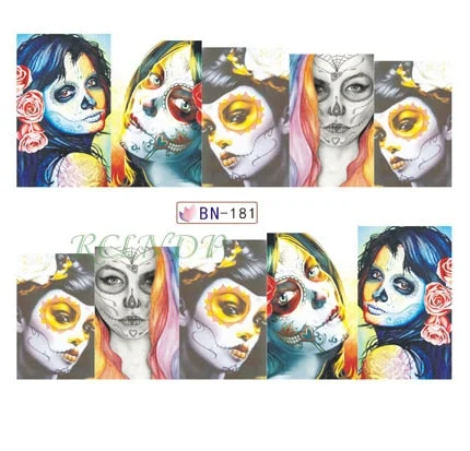 Water sticker for nail art decoration slider skull witch with rose flower watercolor ink design decal lacquer accessoires
