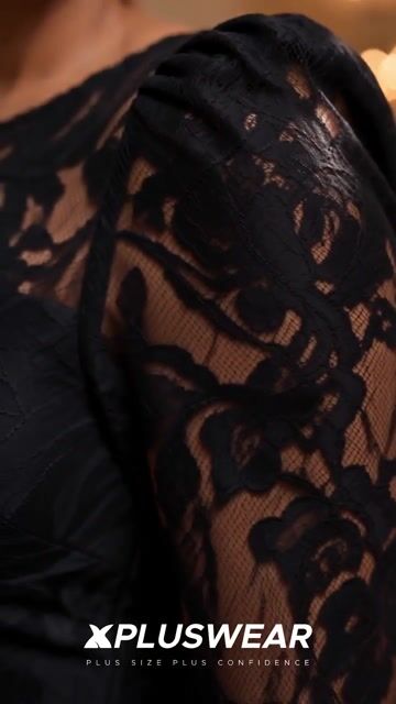 Xpluswear Design Plus Size Cocktail Party Black Round Neck Long Sleeve Feather Elegant Bodycon Lace Midi Dresses 2024 - Xpluswear